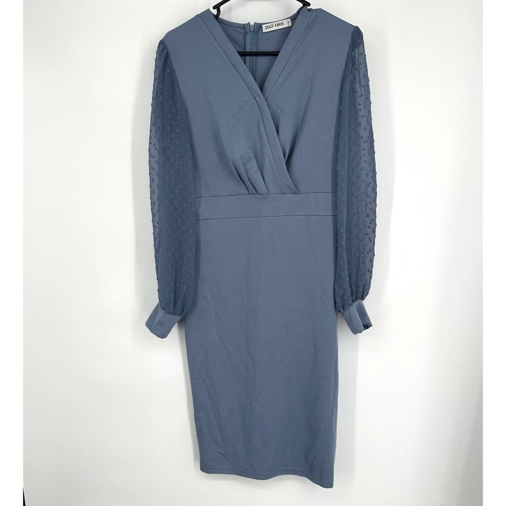 Grace Karin Size‎ M Long Swiss Dot Sleeves Surplice V Neck Midi Dress in Blue